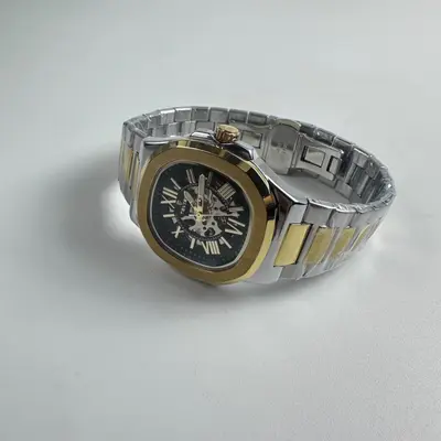 Tevise Mens Automatic Mechanical Watch Two Tone Gold Silver Skeleton Black Dial - Thumbnail 2