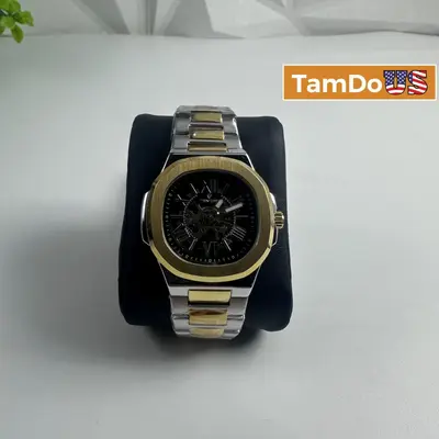 Tevise Mens Automatic Mechanical Watch Two Tone Gold Silver Skeleton Black Dial - Thumbnail 1