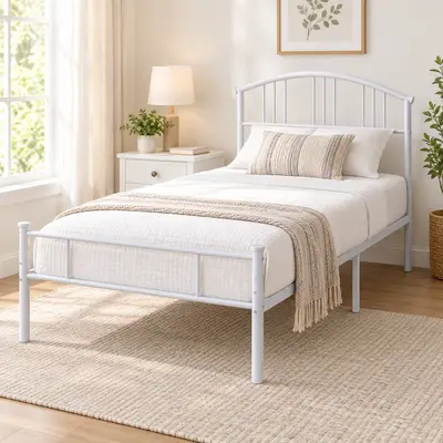 VECELO Twin Metal Bed Frame Platform Mattress Foundation Headboard White T34-WHE - Thumbnail 3