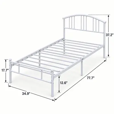 VECELO Twin Metal Bed Frame Platform Mattress Foundation Headboard White T34-WHE - Thumbnail 2