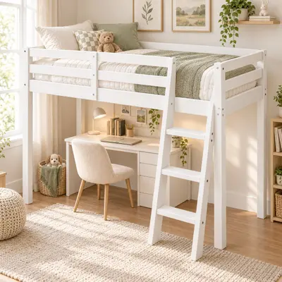 VINGLI Twin Loft Bed Solid Pine Wood White Finish, Ladder 350lb Capacity - Thumbnail 3