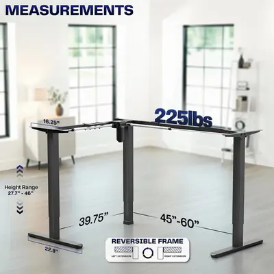 VIVO $199 Electric Corner Standing Desk Frame, L-Shaped, 49.5"-74" Main Desk - Thumbnail 3