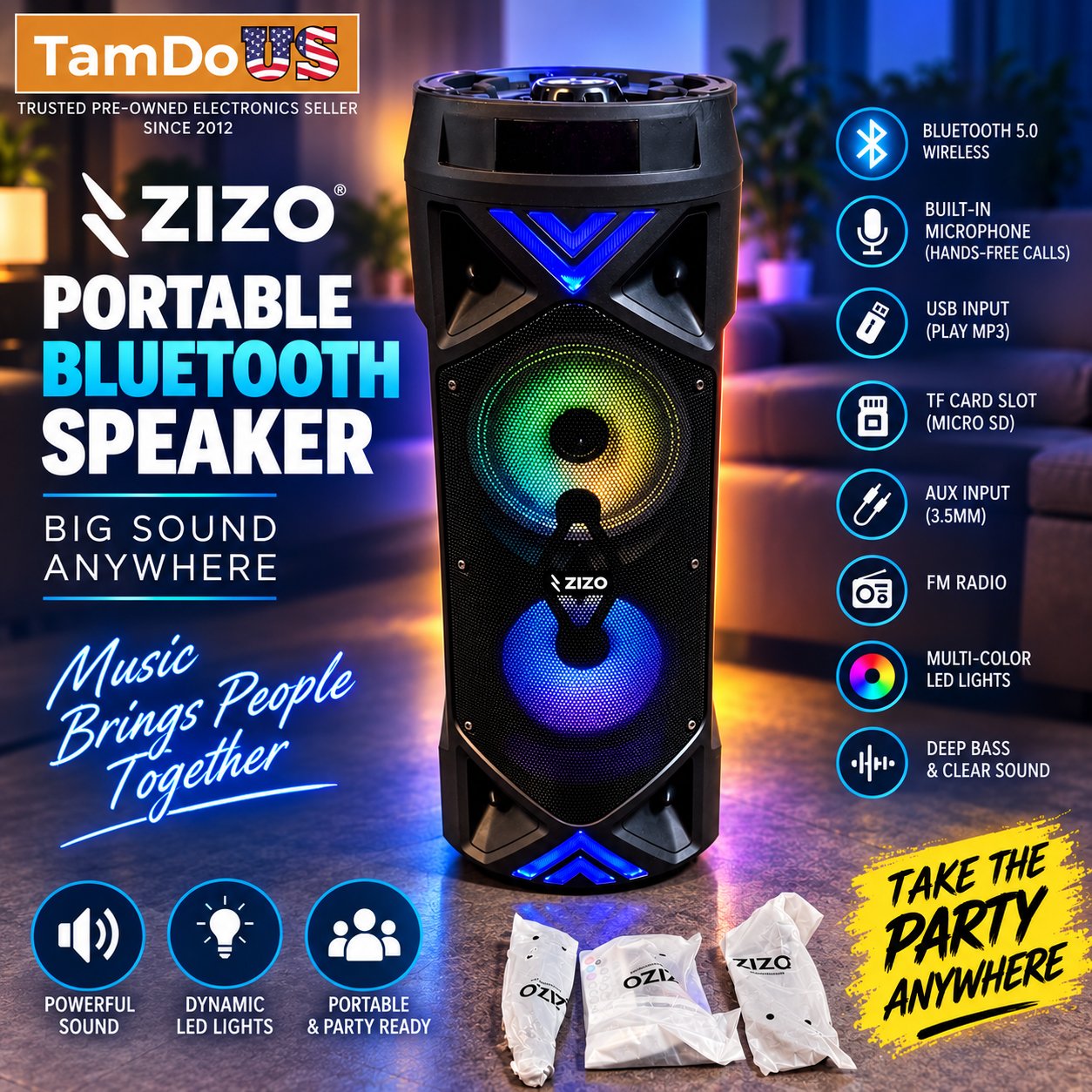 ZIZO BOOM Z8 Amp Wireless Portable Bluetooth LED Party Speaker System Dual 8" - Photo 1 - Real photo at TamDo.us